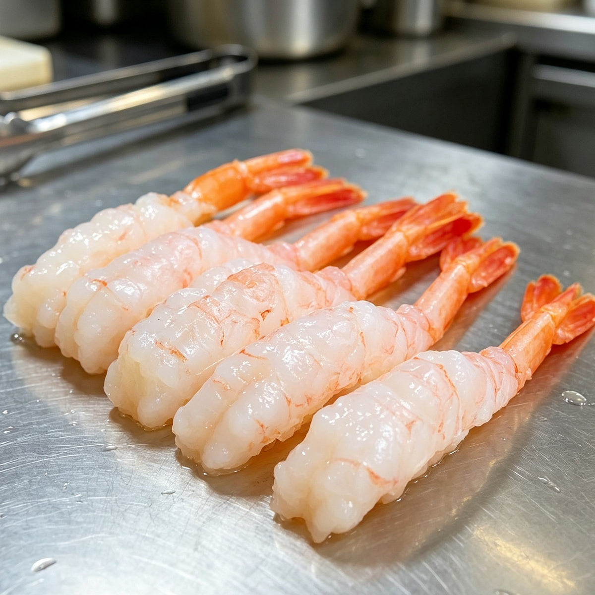 Cooked arctic sweet shrimp with bright orange tails