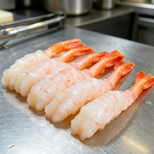 Cooked arctic sweet shrimp with bright orange tails