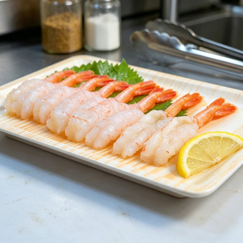 Cooked arctic sweet shrimp with bright orange tails