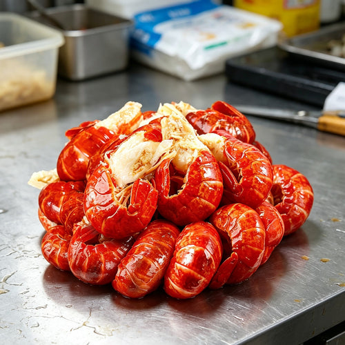 Cooked crawfish tails with bright red shells