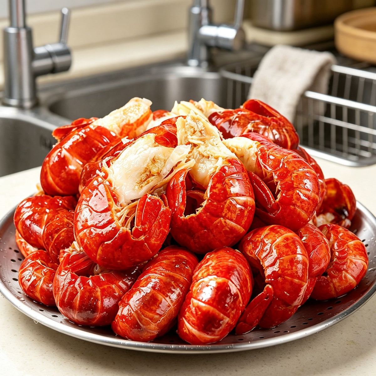 Cooked crawfish tails with bright red shells
