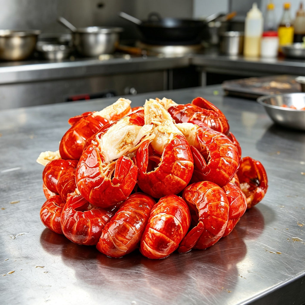 Cooked crawfish tails with bright red shells