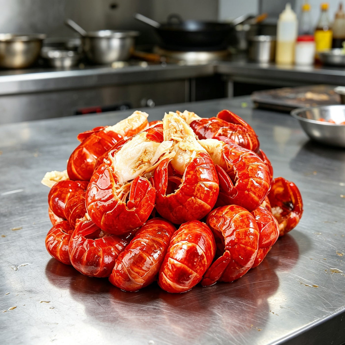 Cooked crawfish tails with bright red shells