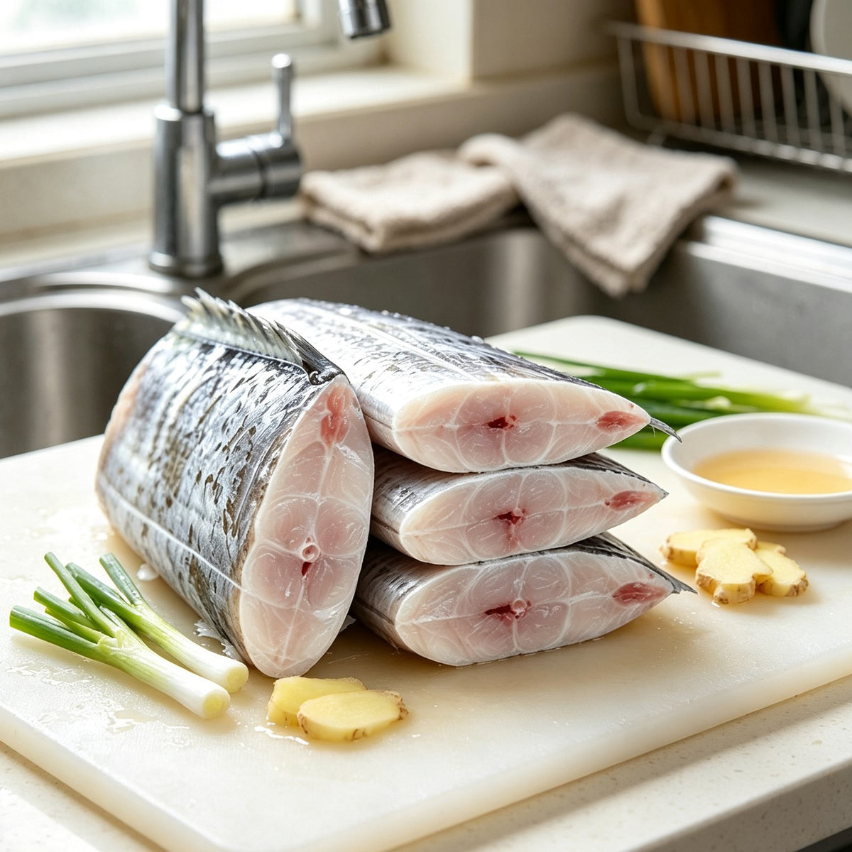 Fresh hairtail fish cut into thick sections on a board