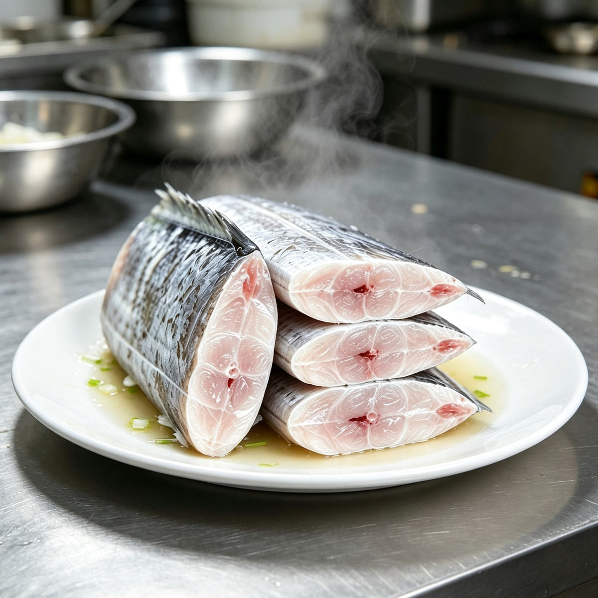 Fresh hairtail fish cut into thick sections on a board