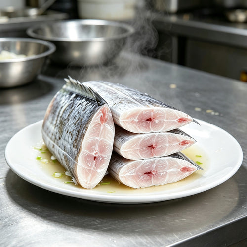 Fresh hairtail fish cut into thick sections on a board