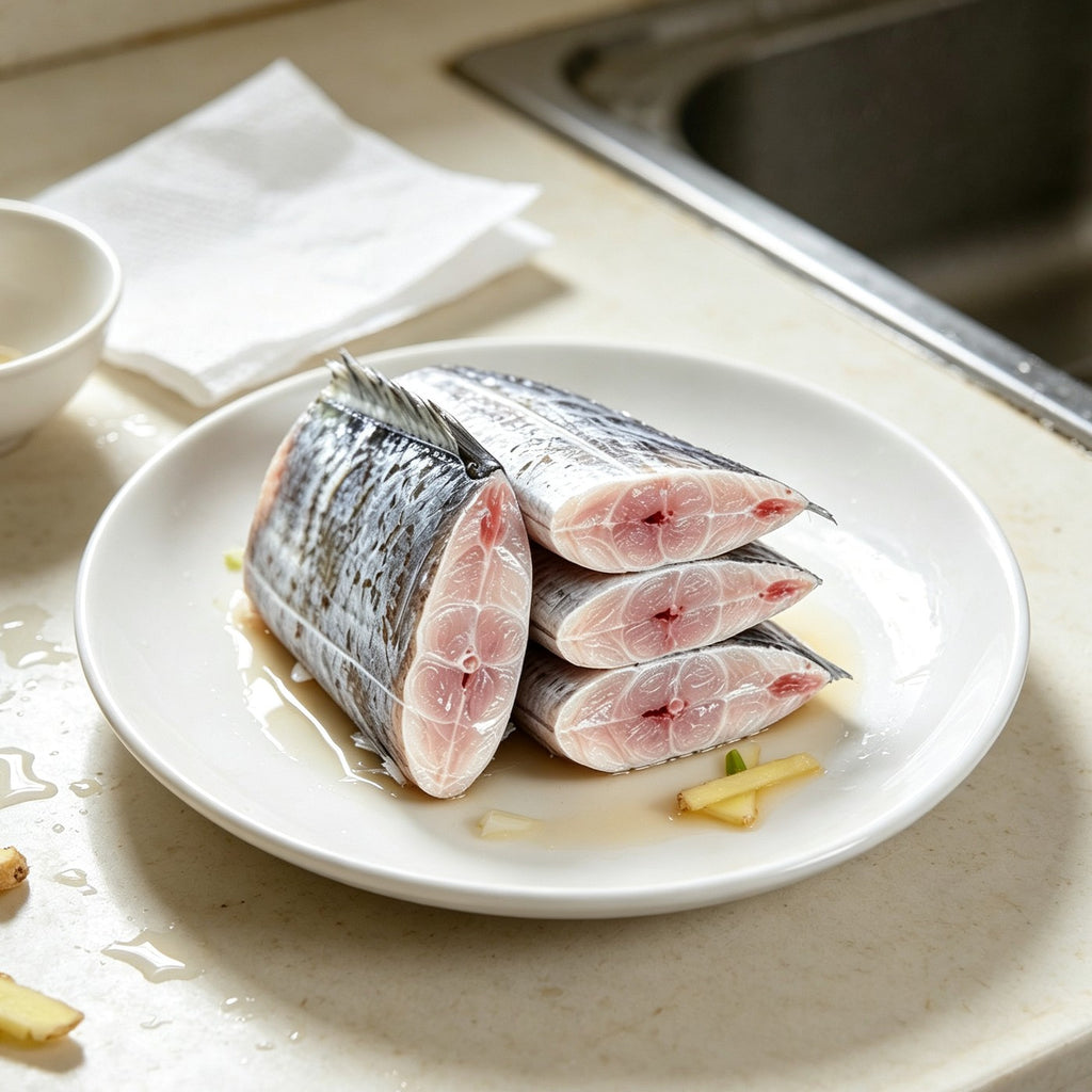 Fresh hairtail fish cut into thick sections on a board
