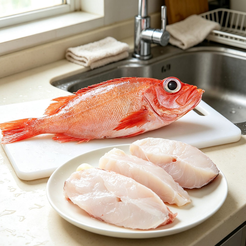 Whole fresh red snapper with white fillets on a plate