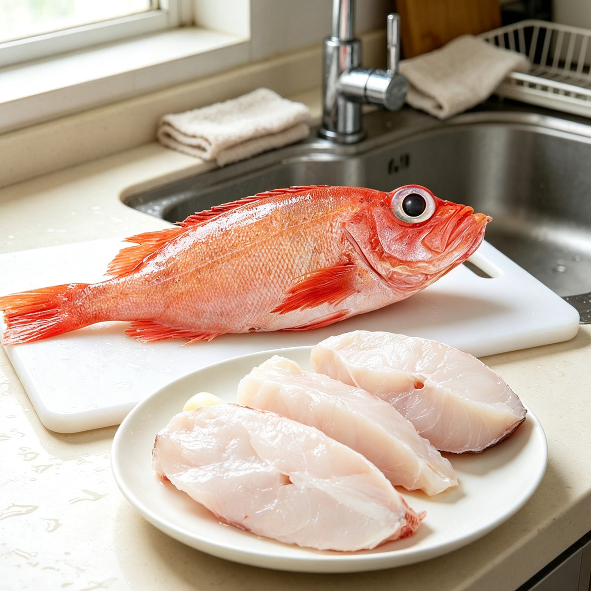 Whole fresh red snapper with white fillets on a plate