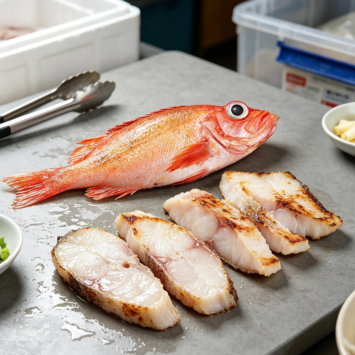 Whole fresh red snapper with white fillets on a plate