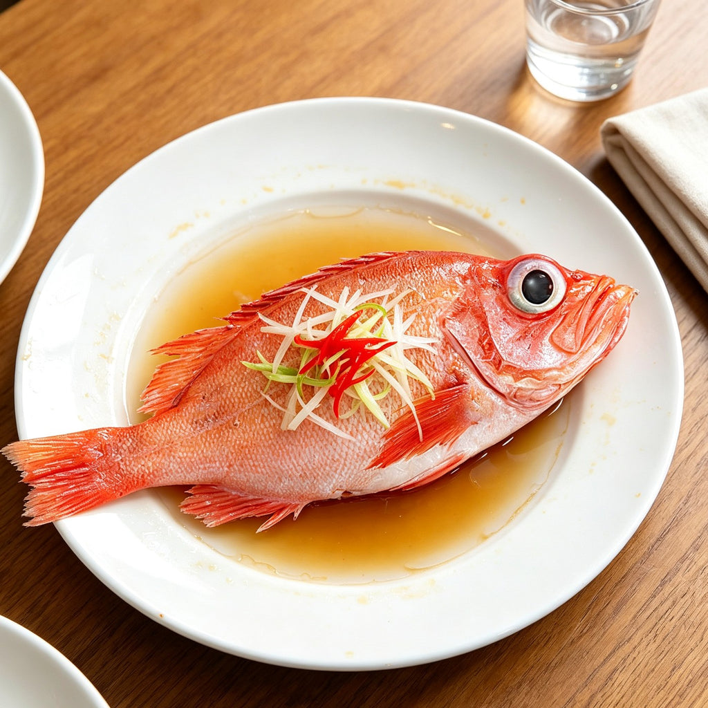 Whole fresh red snapper with white fillets on a plate