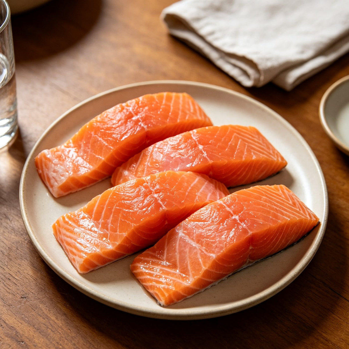 Fresh salmon fillets with visible white marbling
