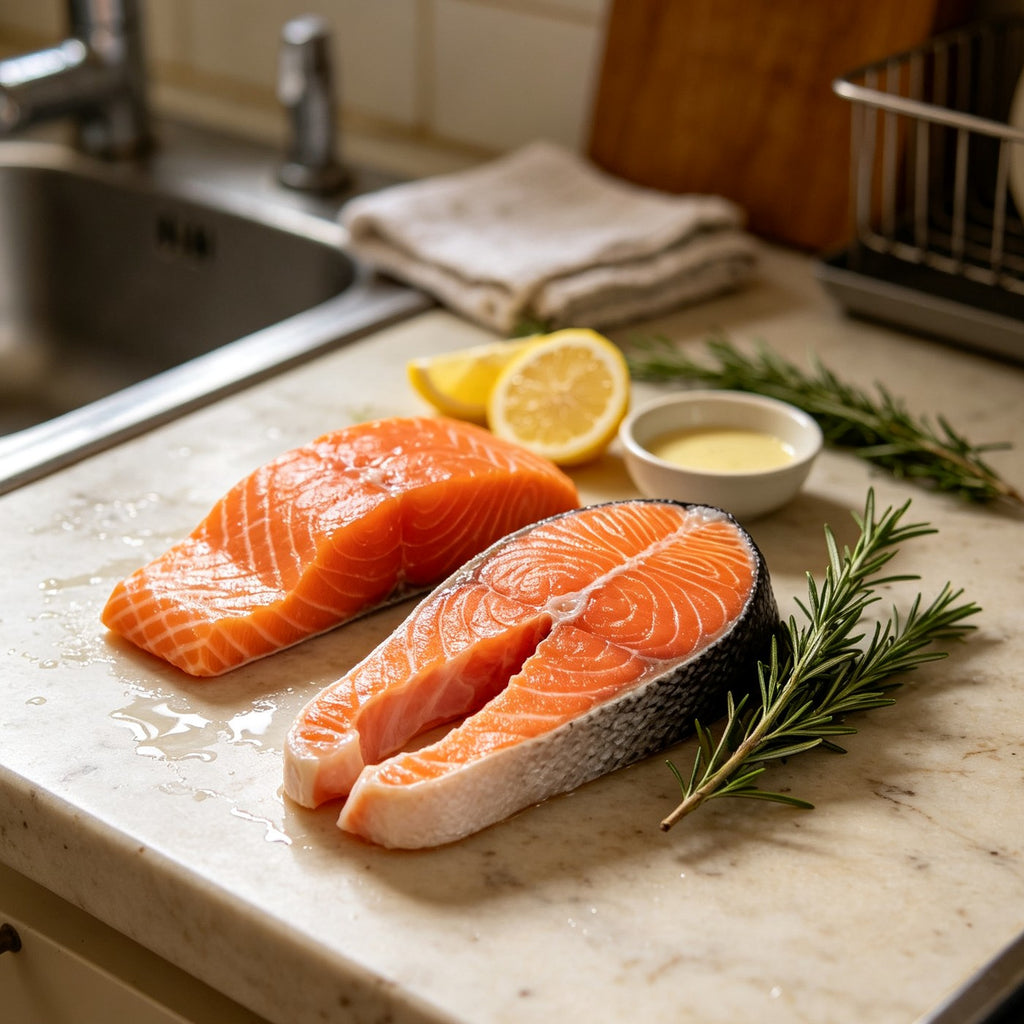 Fresh salmon fillets with visible white marbling