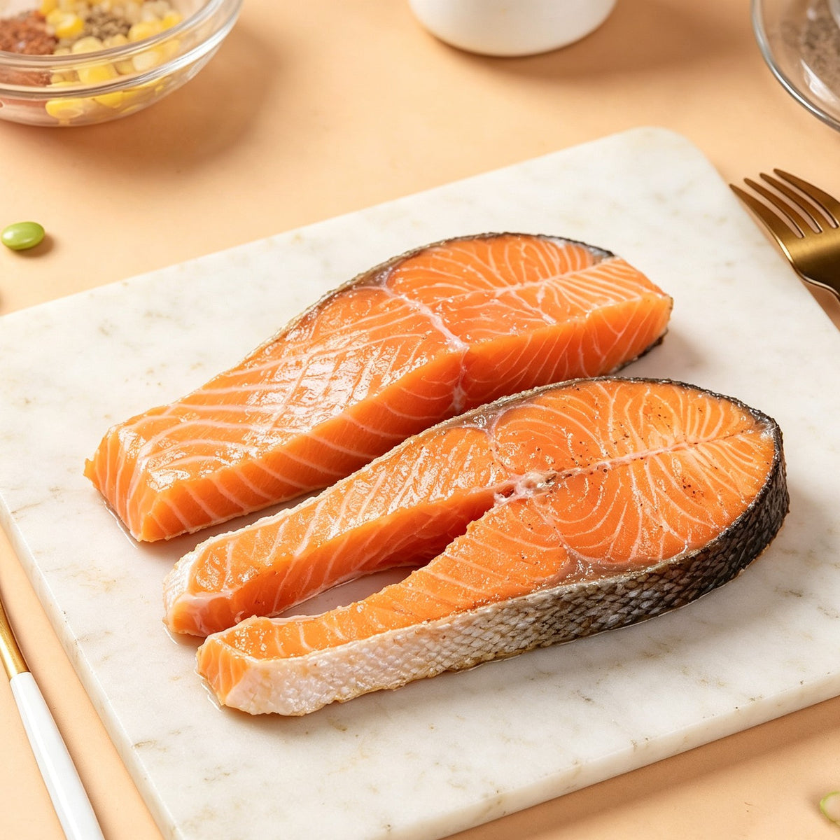 Fresh salmon fillets with visible white marbling