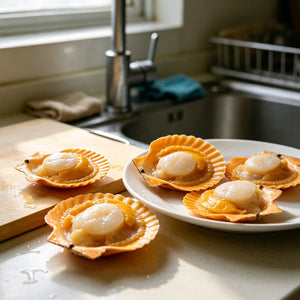 Fresh scallops in their orange shells with roe attached