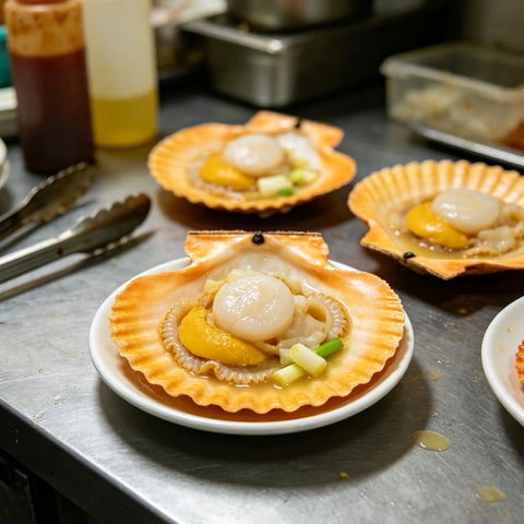 Fresh scallops in their orange shells with roe attached