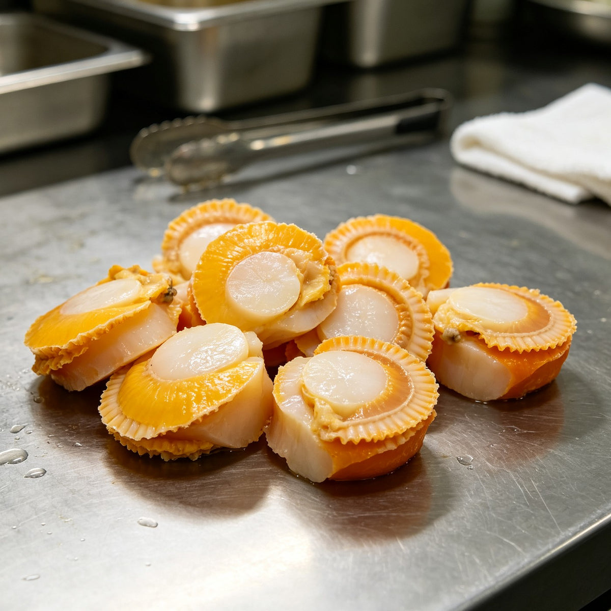 Fresh scallops in their orange shells with roe attached