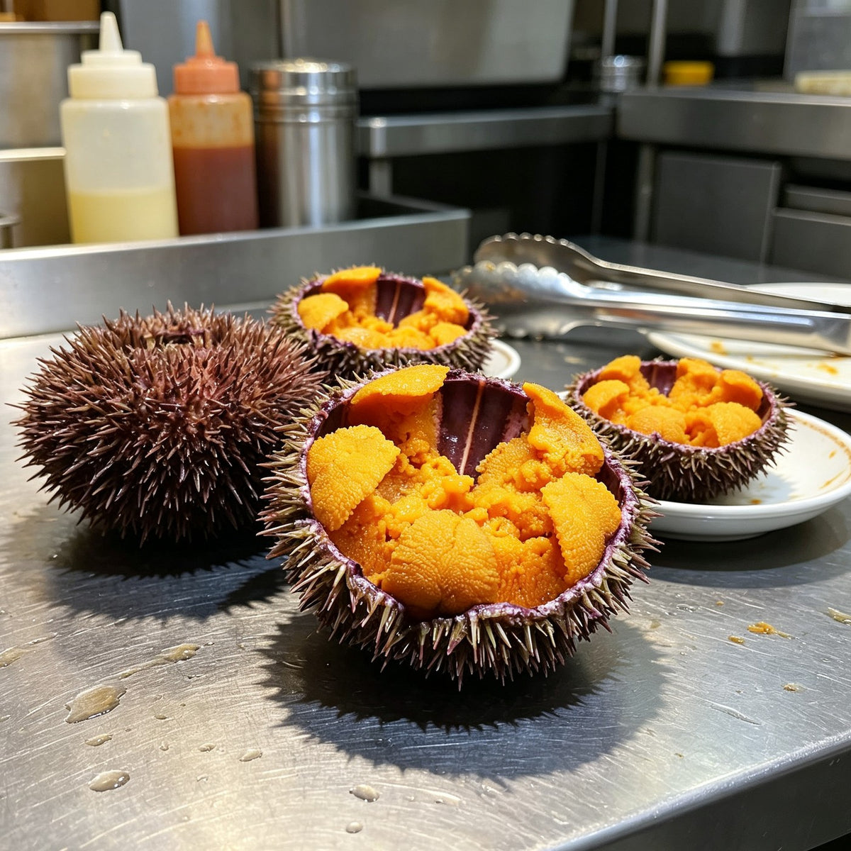 Opened sea urchins showing bright orange roe