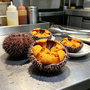 Opened sea urchins showing bright orange roe