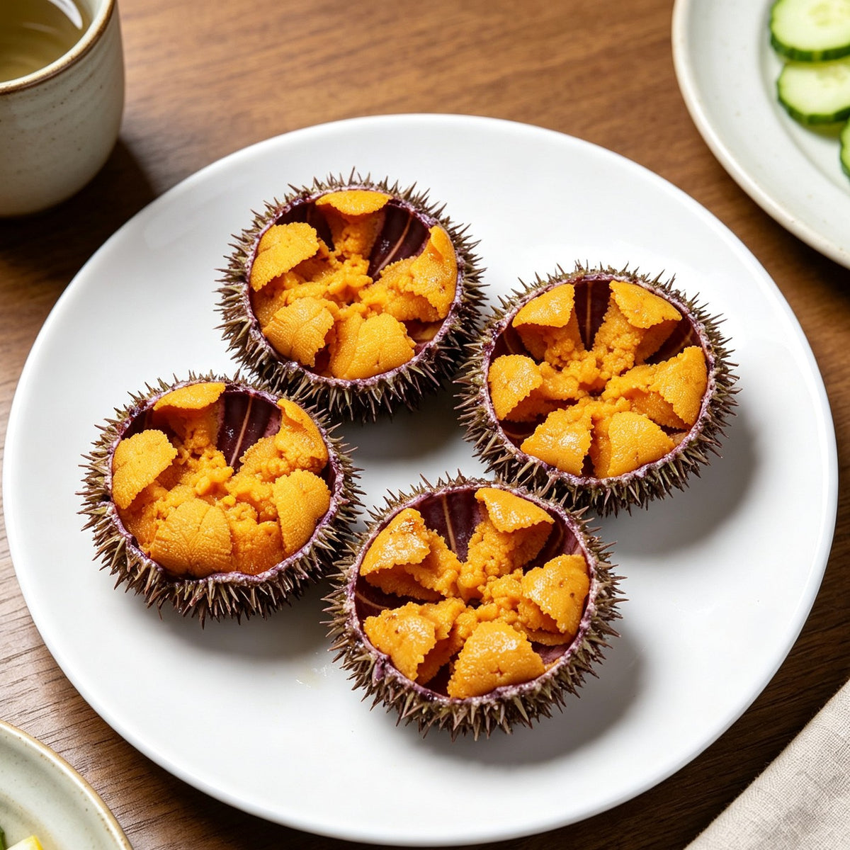 Opened sea urchins showing bright orange roe