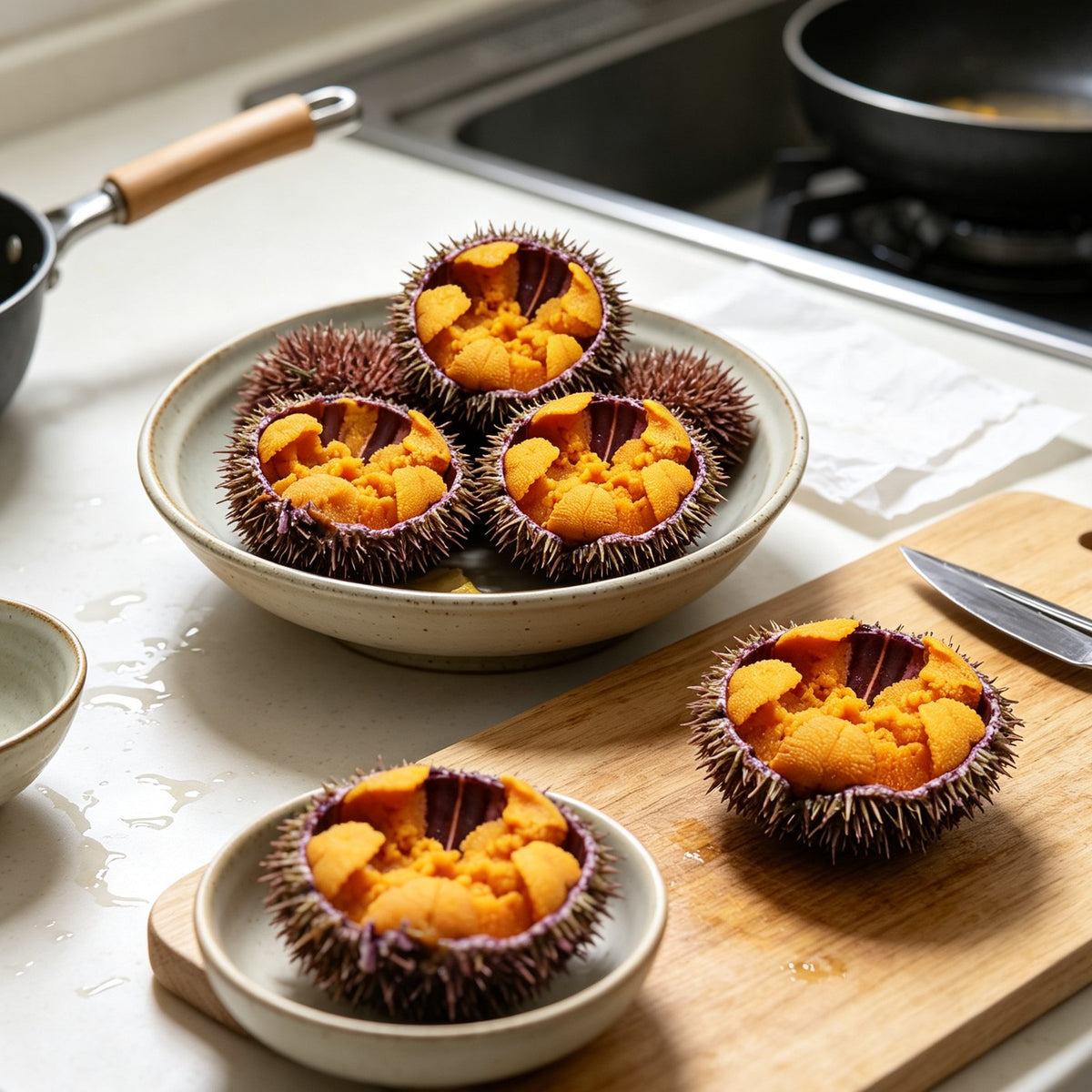 Opened sea urchins showing bright orange roe